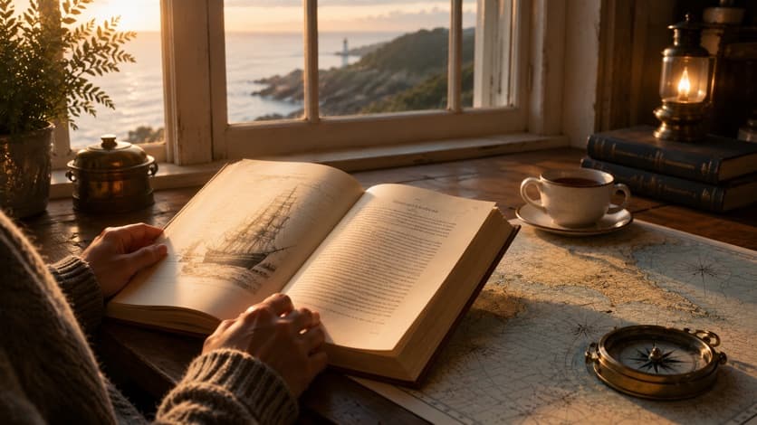 Aufgeschlagenes Buch mit Seekarte am Fenster